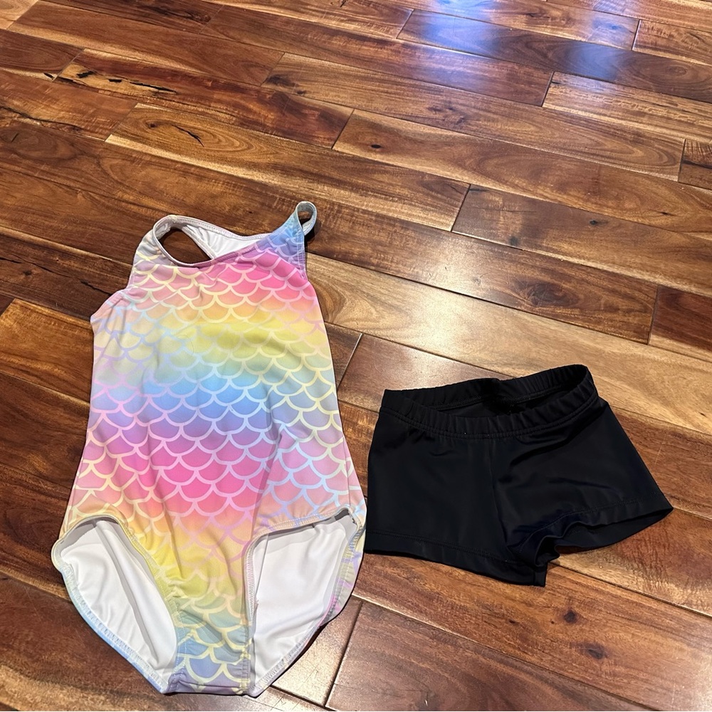 Balera mermaid rainbow leotard with black shorts size IC lightly used